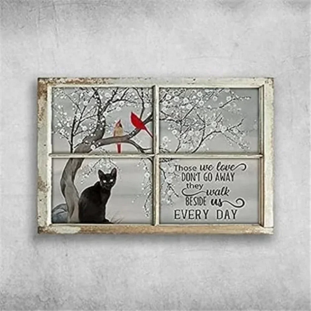Retro Vintage Metal Plaque Black Cat and Cardinal Bird – Those We Love